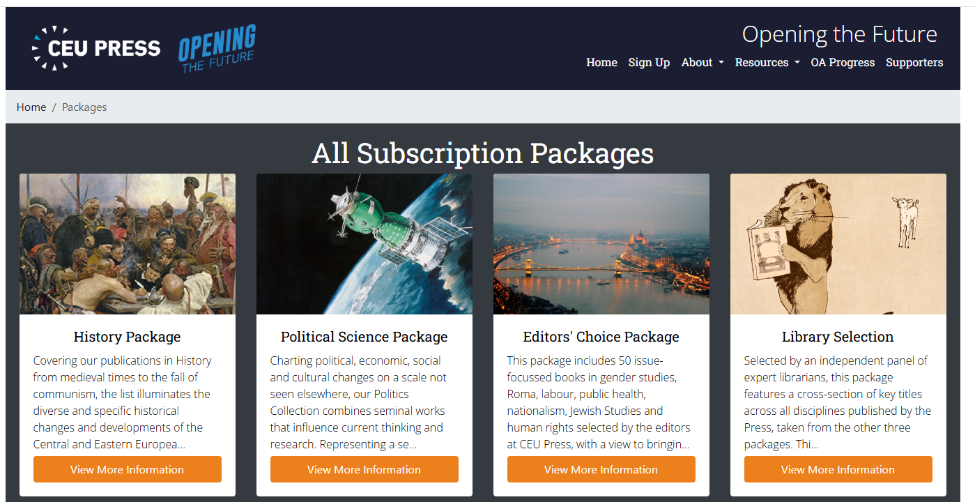 A screenshot of a website with title 'all subscription packages' and 4 options presented with images