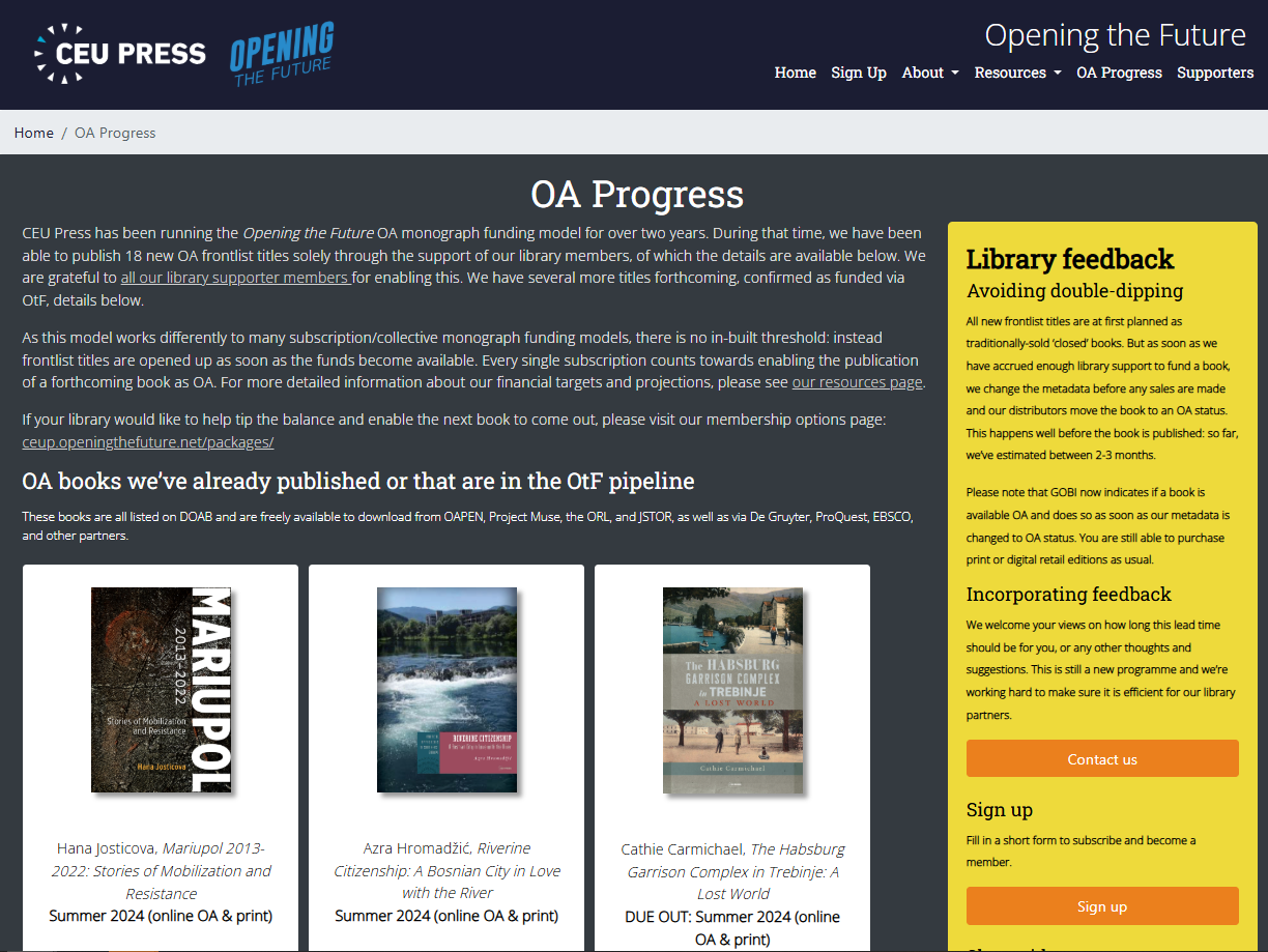 A screenshot of a website with details of recent open access publishing activity
