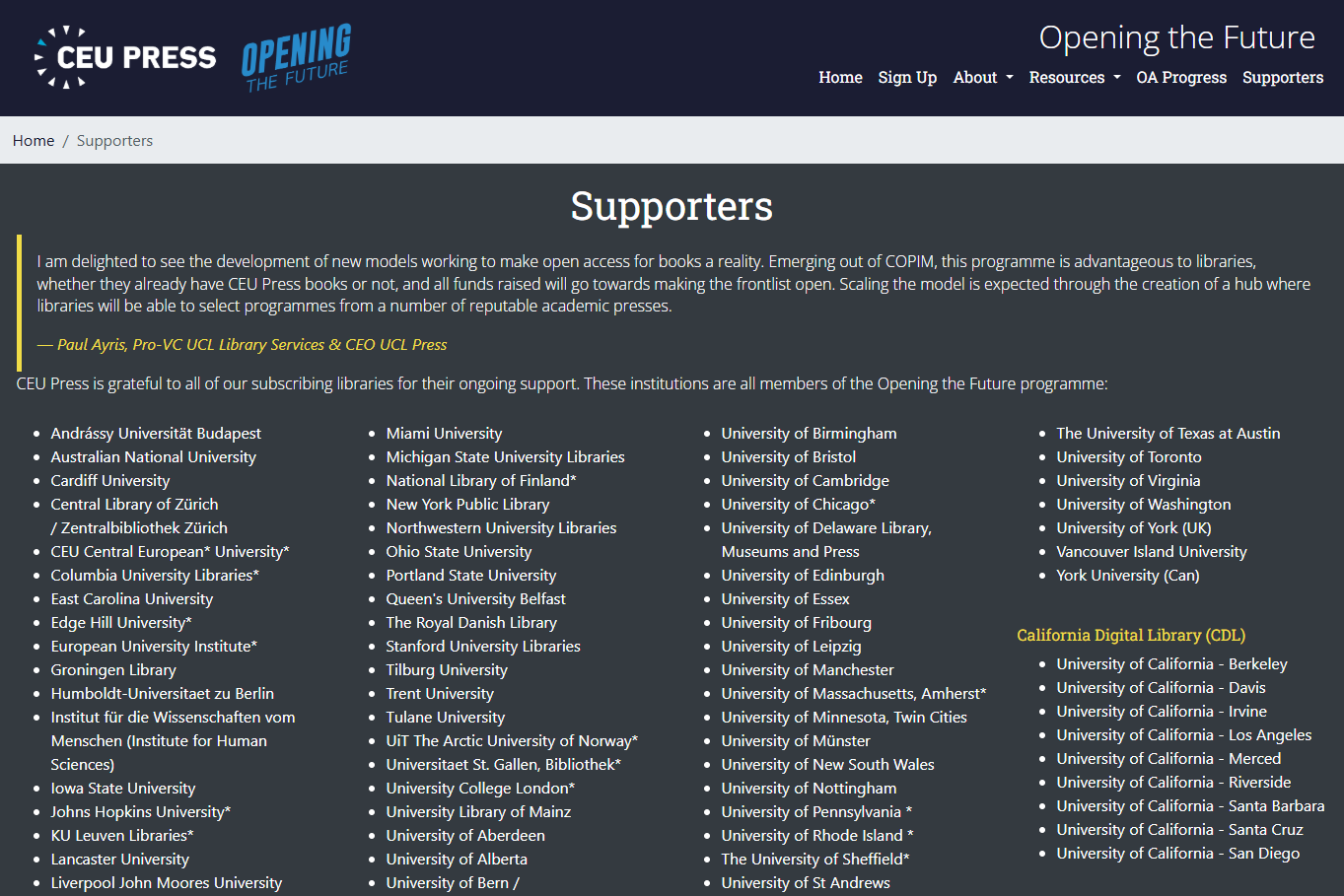 A screenshot of a website showing a bulleted list of organisation's names