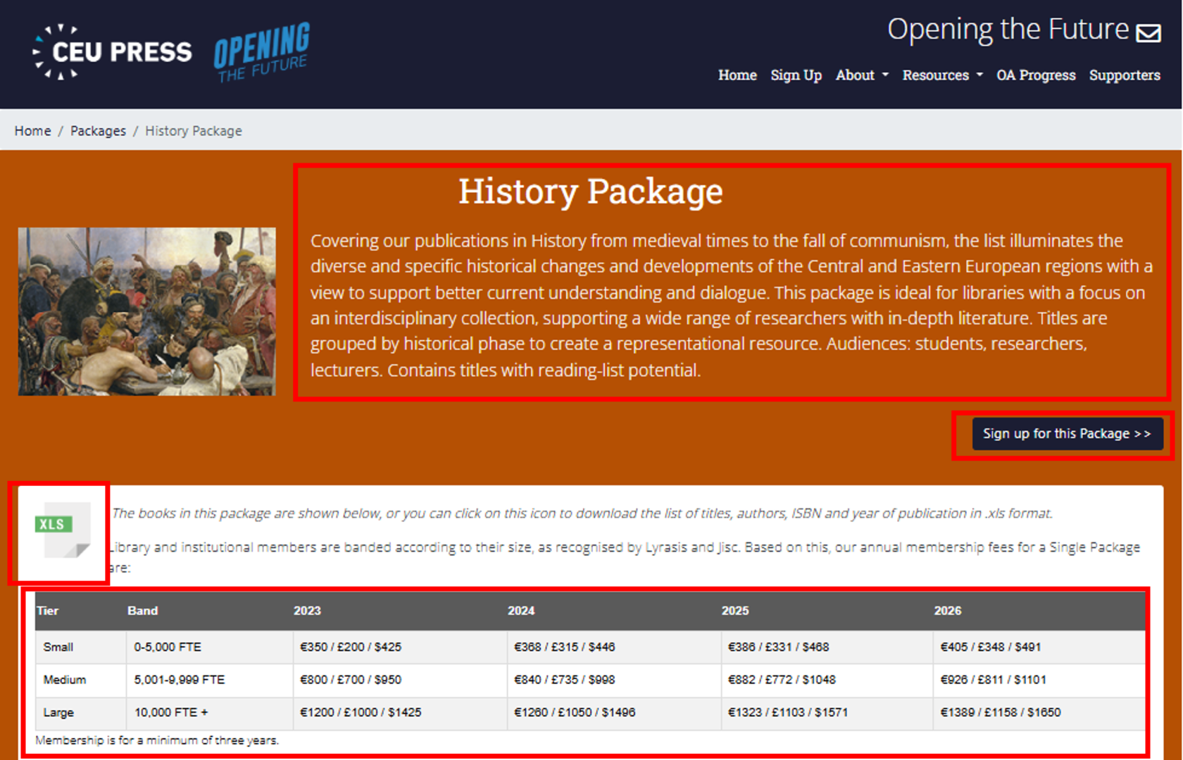 A screenshot of a website with title 'history packages' and details as stated in the text